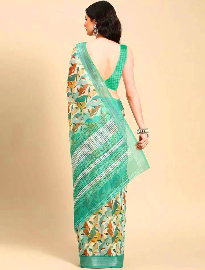 Imposing Green Color Color Pure Cotton Lilen With Digital Printed Designer Saree