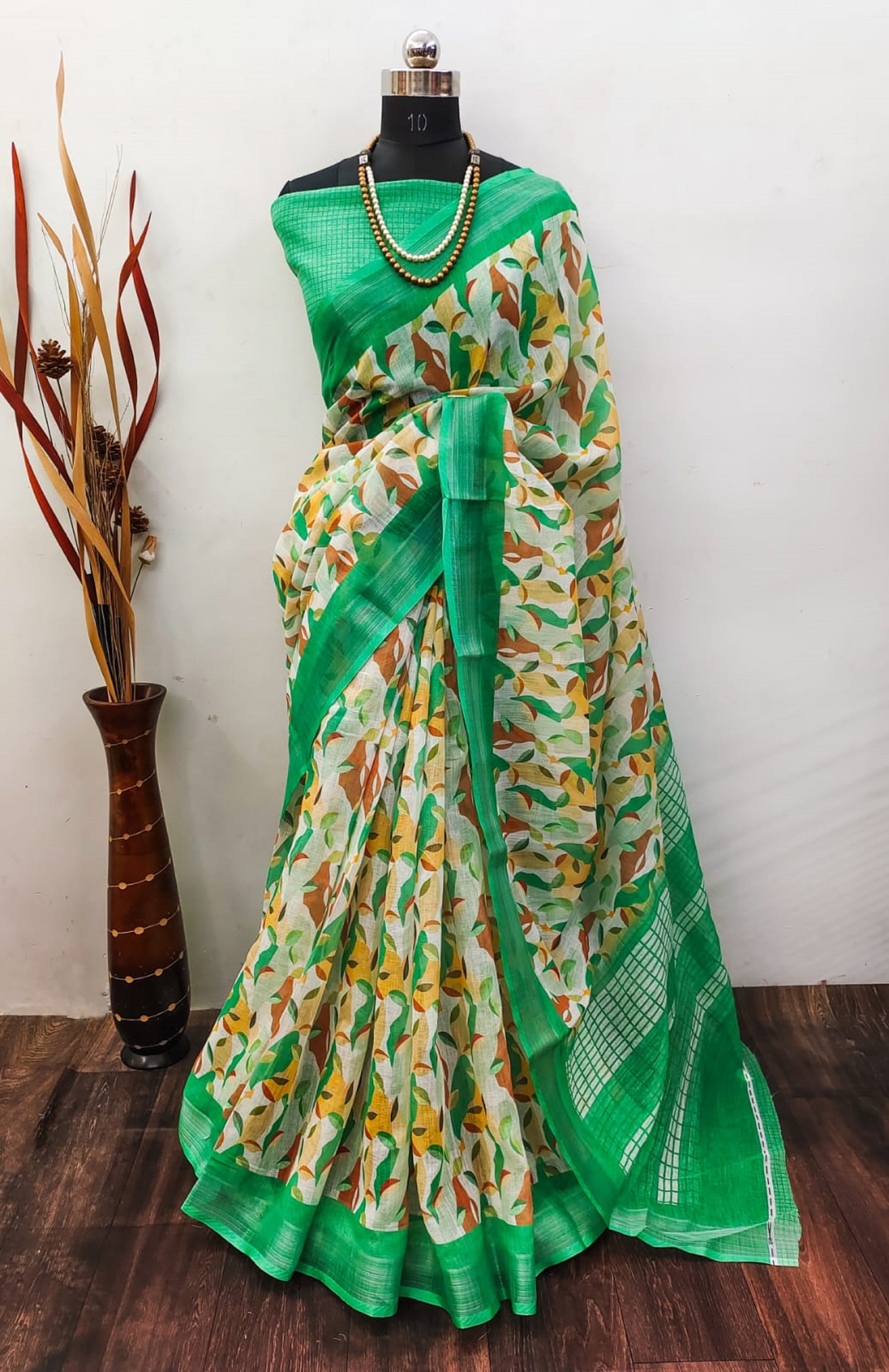 Imposing Green Color Color Pure Cotton Lilen With Digital Printed Designer Saree