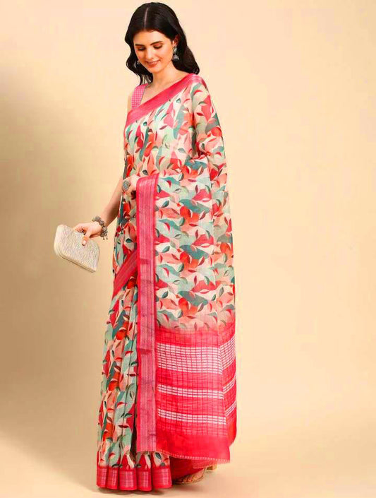 Peaceful Pink Color Color Pure Cotton Lilen With Digital Printed Designer Saree