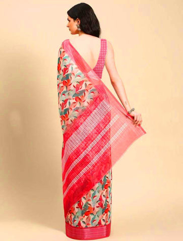 Peaceful Pink Color Color Pure Cotton Lilen With Digital Printed Designer Saree