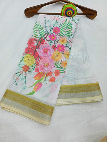 Graceful Off White Color Color Pure Cotton Lilen With Digital Printed Designer Saree