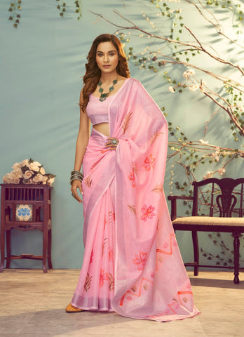 Terrific Baby Pink Color Color Pure Cotton Lilen With Digital Printed Designer Saree