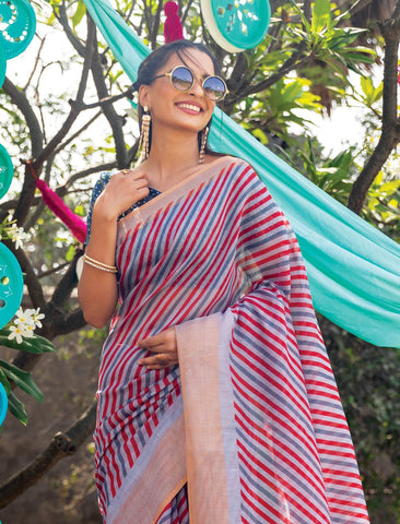 Blissful Multi Color Color Pure Cotton Lilen With Digital Printed Designer Saree