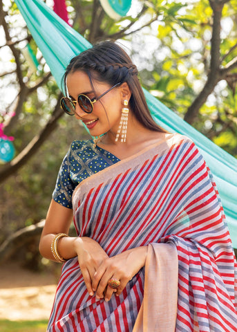 Blissful Multi Color Color Pure Cotton Lilen With Digital Printed Designer Saree