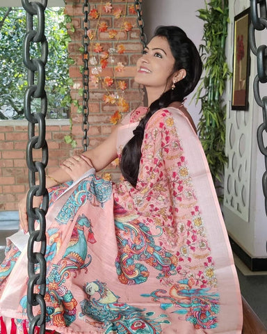 Wonderful Baby Pink Color Color Pure Cotton Lilen With Digital Printed Designer Saree