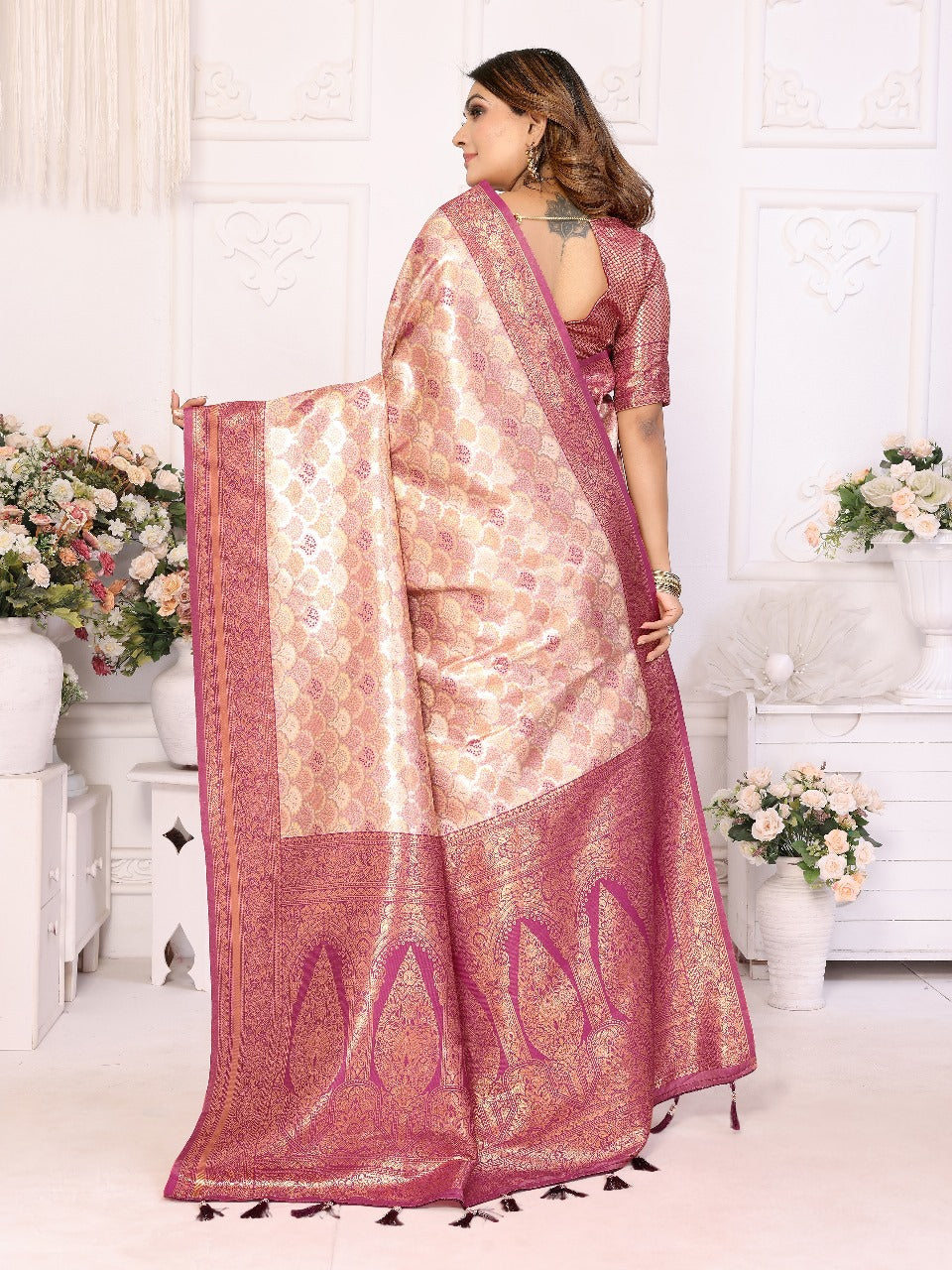 Beautiful Festival Wear Beige Color Zari Weaving Border And Weaving Rich Pallu Banarasi Chaturi Silk Saree