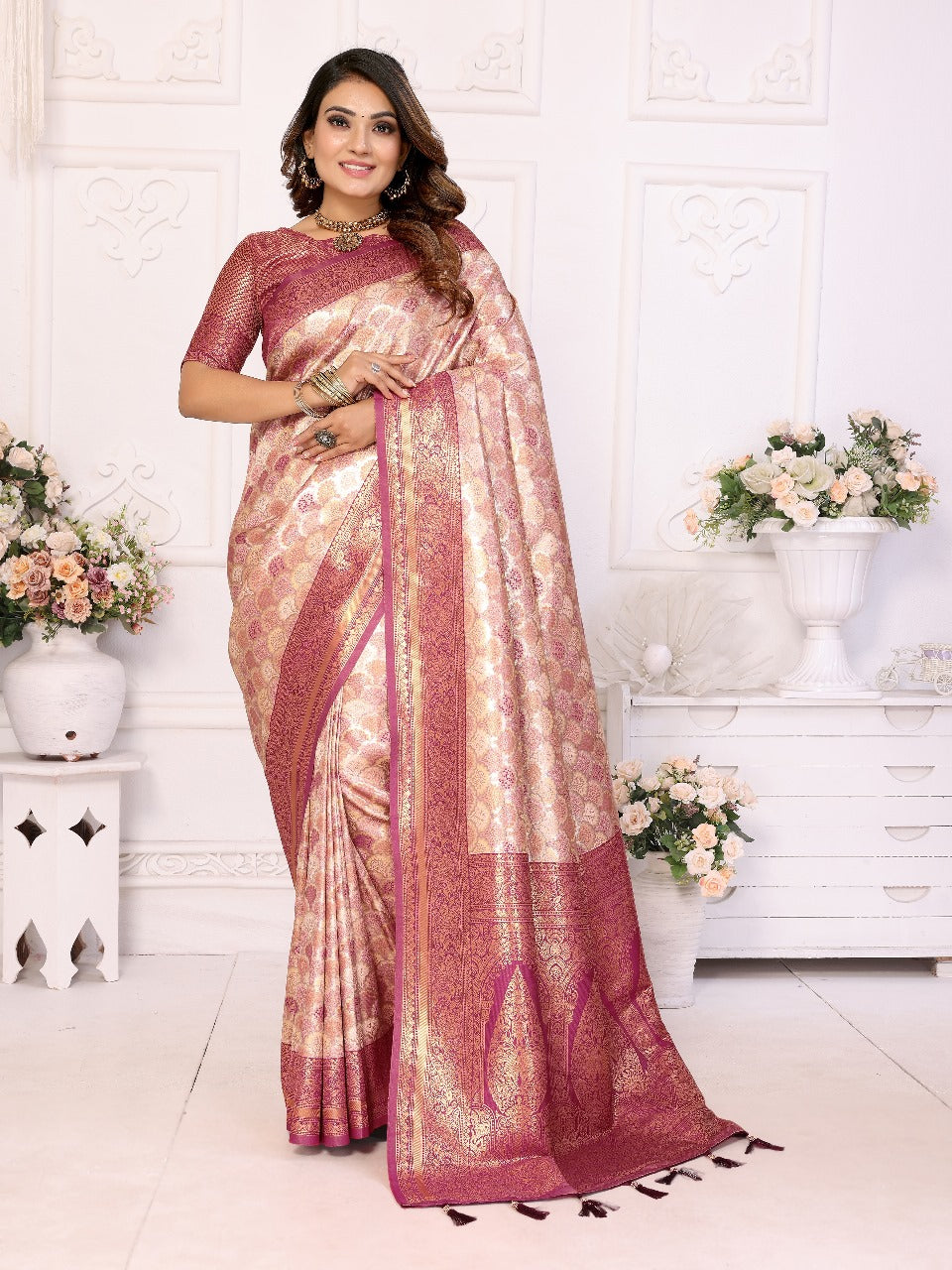 Beautiful Festival Wear Beige Color Zari Weaving Border And Weaving Rich Pallu Banarasi Chaturi Silk Saree