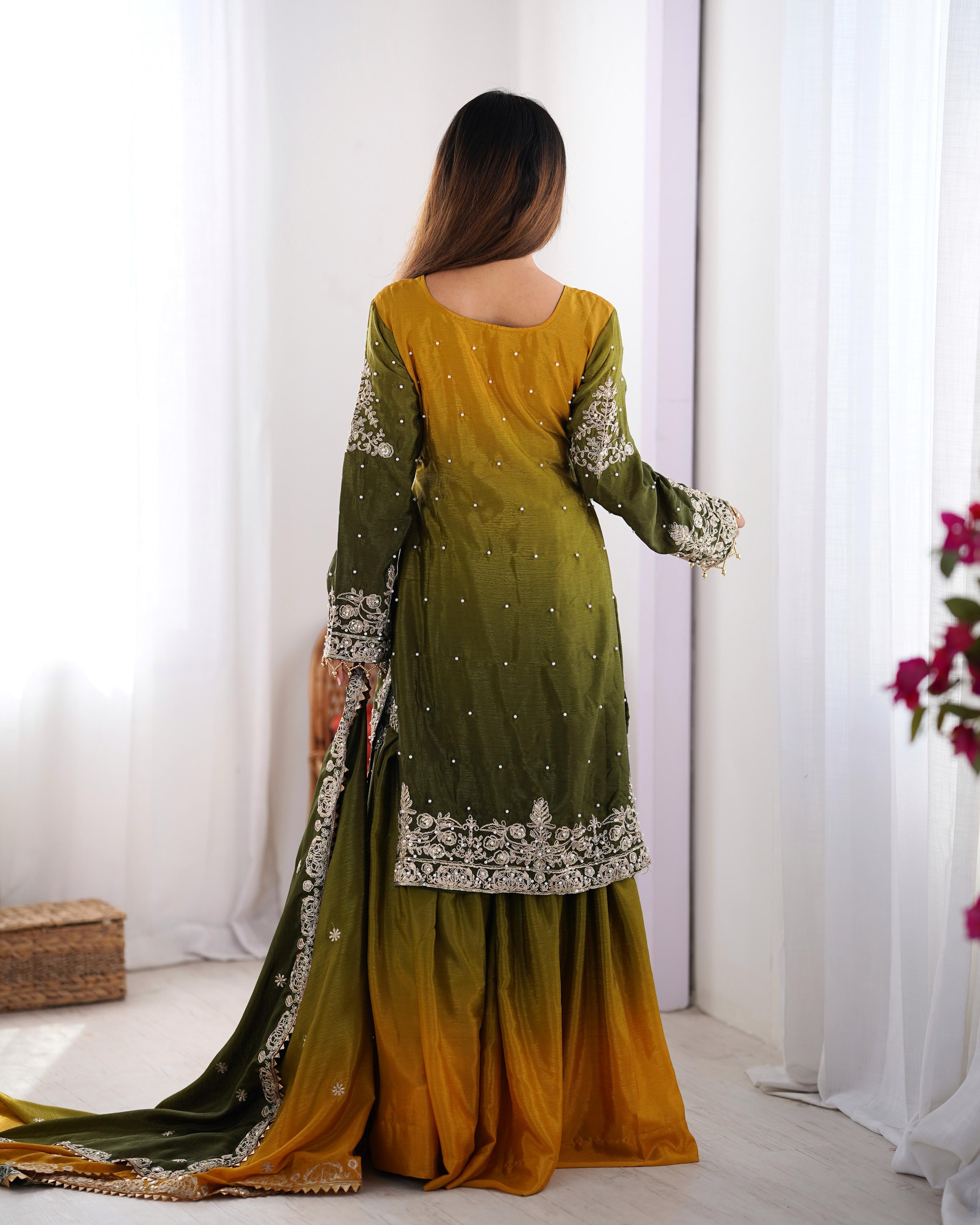 Ceremony Wear Green And Yellow Color Chinon Silk And Coding Dori With Sequence With Rivet Moti Beautiful Sharara Suit
