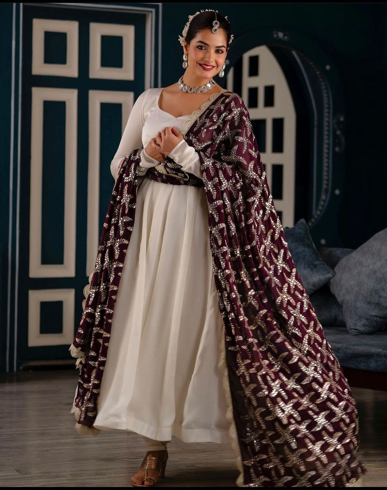 Plain White Color Gown With Heavy Embroidery Work Dupatta