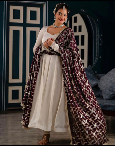 Plain White Color Gown With Heavy Embroidery Work Dupatta