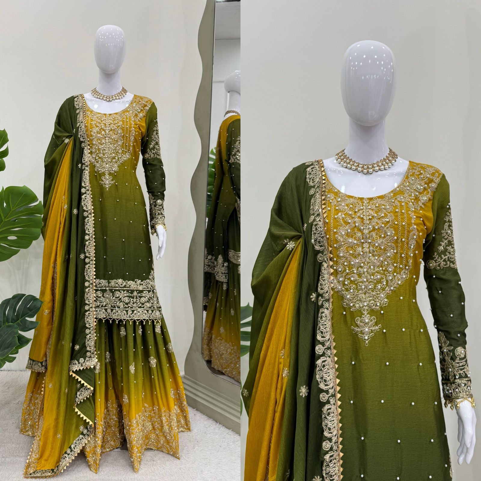 Ceremony Wear Green And Yellow Color Chinon Silk And Coding Dori With Sequence With Rivet Moti Beautiful Sharara Suit
