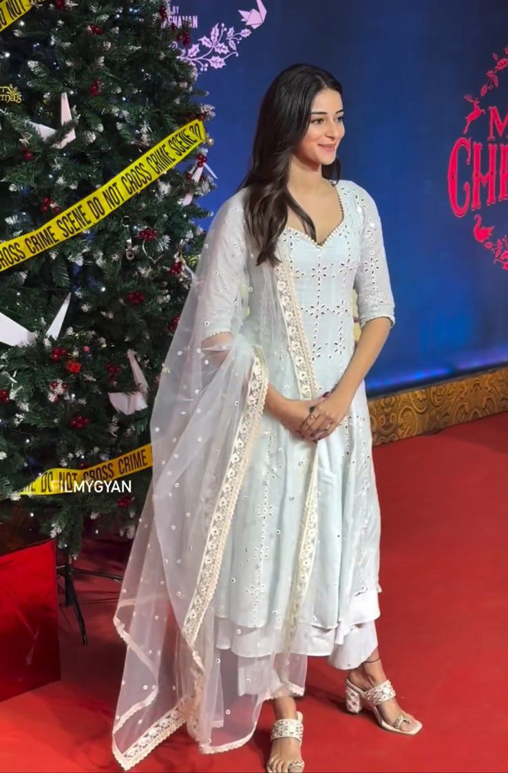 Bollywood Style Ananya Panday White Anarkali Suit