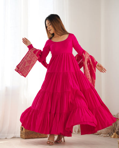 Presenting Pink Color Pure Roman Silk Chanderi Fabric Fully Flair Anarkali Gown With Dupatta