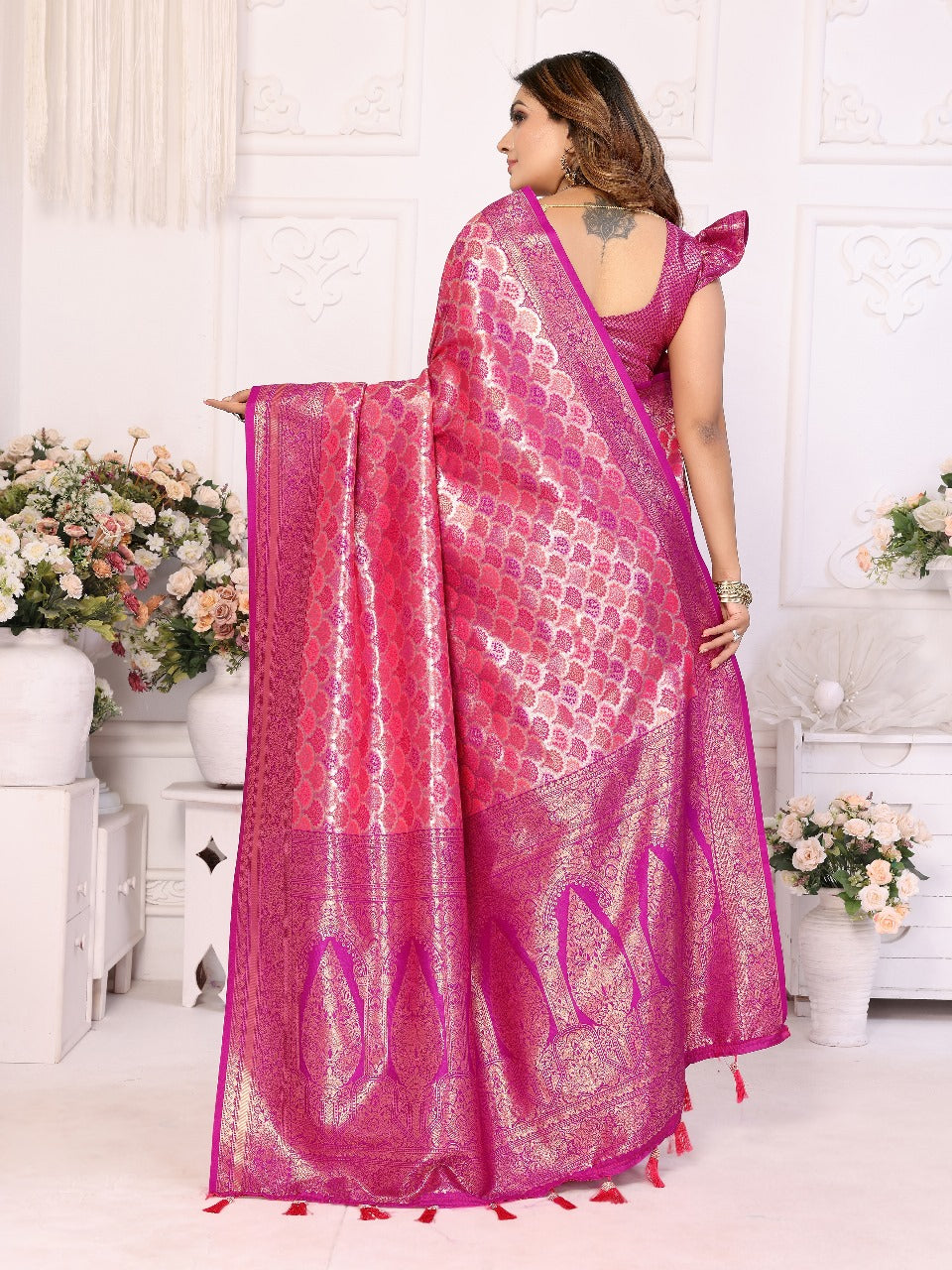 Beautiful Festival Wear Pink Color Zari Weaving Border And Weaving Rich Pallu Banarasi Chaturi Silk Saree