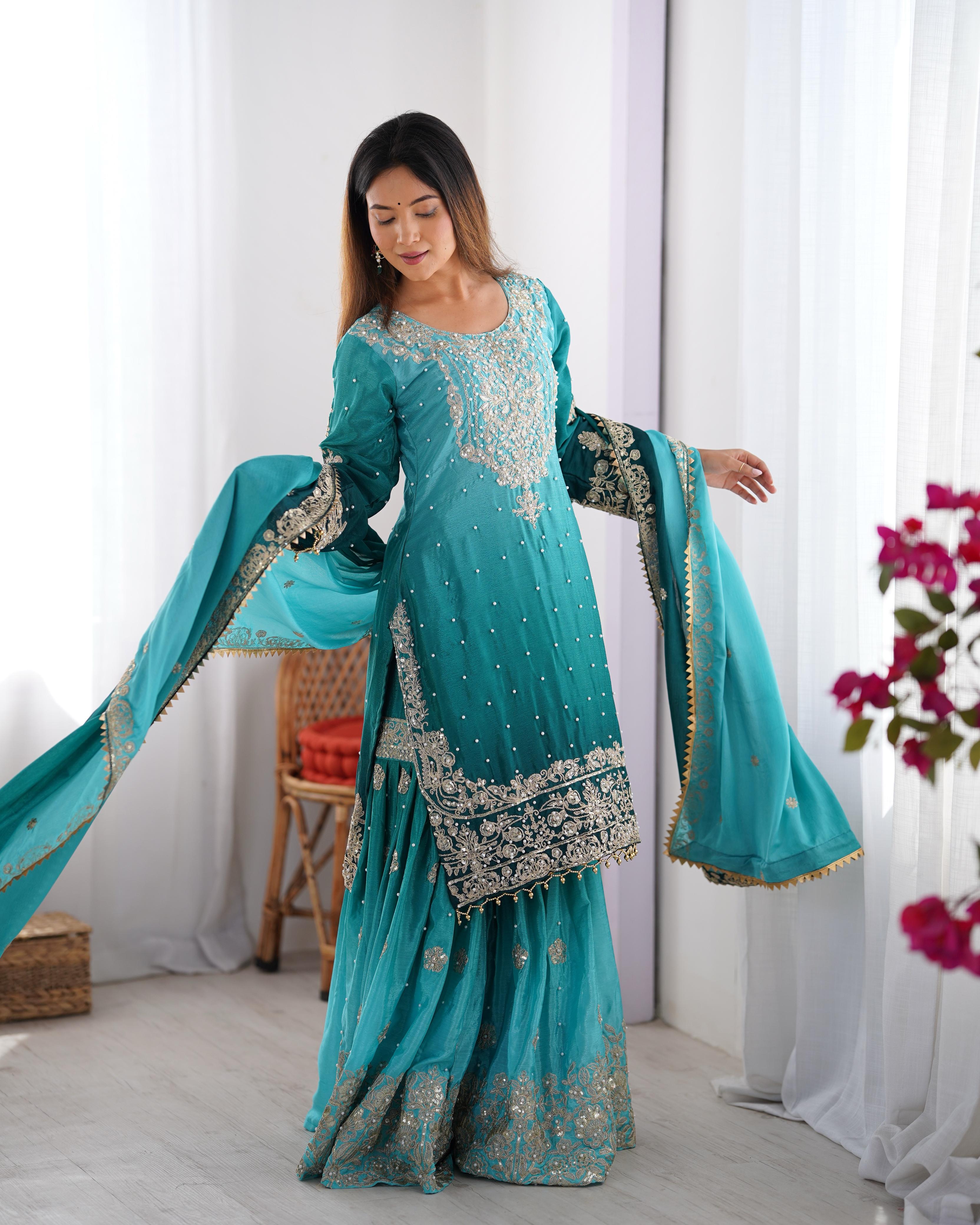 Reception Wear Aqua Blue Color Chinon Silk And Coding Dori With Sequence With Rivet Moti Beautiful Sharara Suit