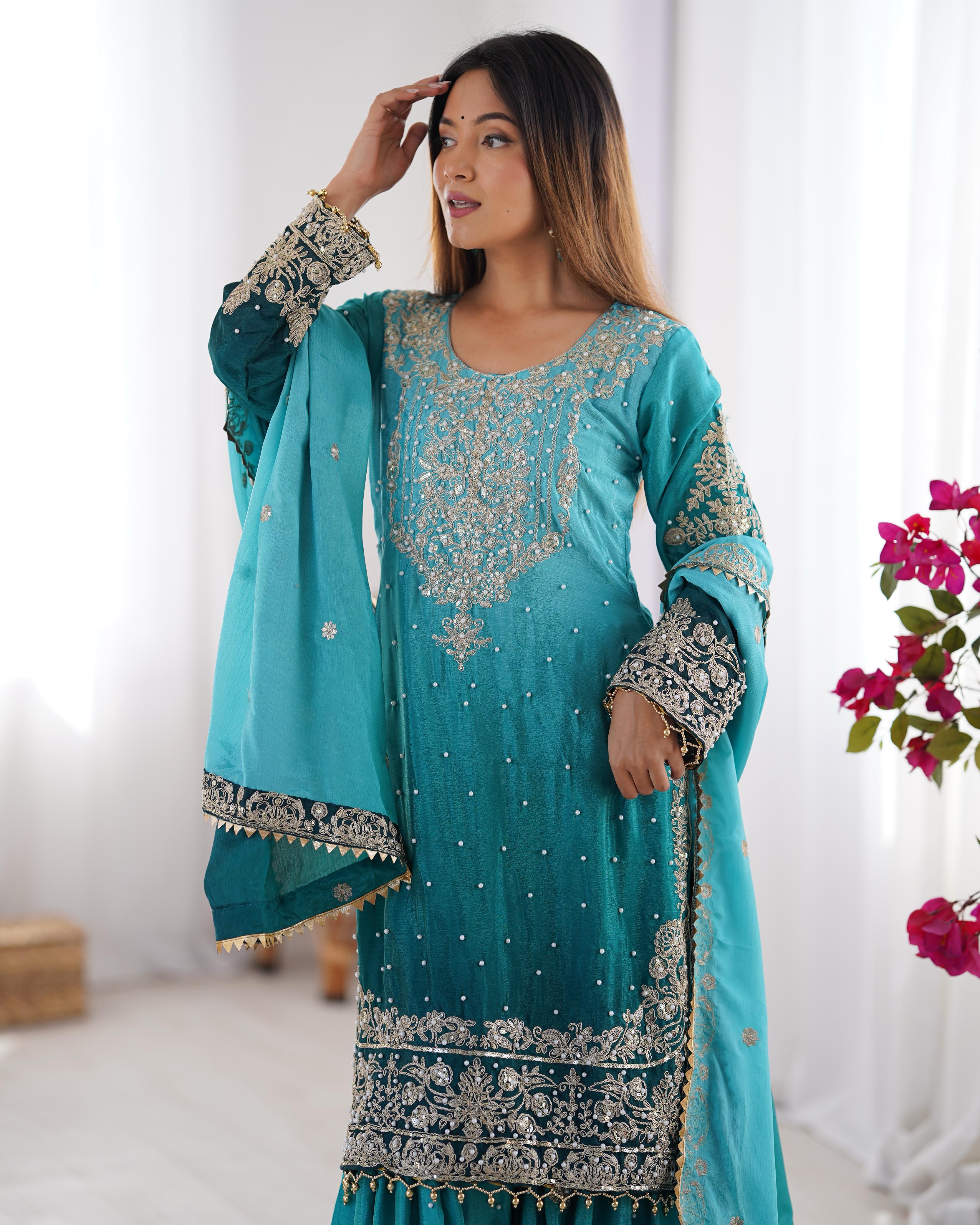 Reception Wear Aqua Blue Color Chinon Silk And Coding Dori With Sequence With Rivet Moti Beautiful Sharara Suit
