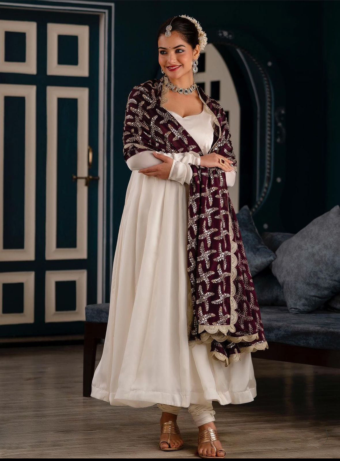 Plain White Color Gown With Heavy Embroidery Work Dupatta