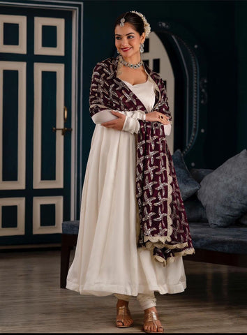 Plain White Color Gown With Heavy Embroidery Work Dupatta