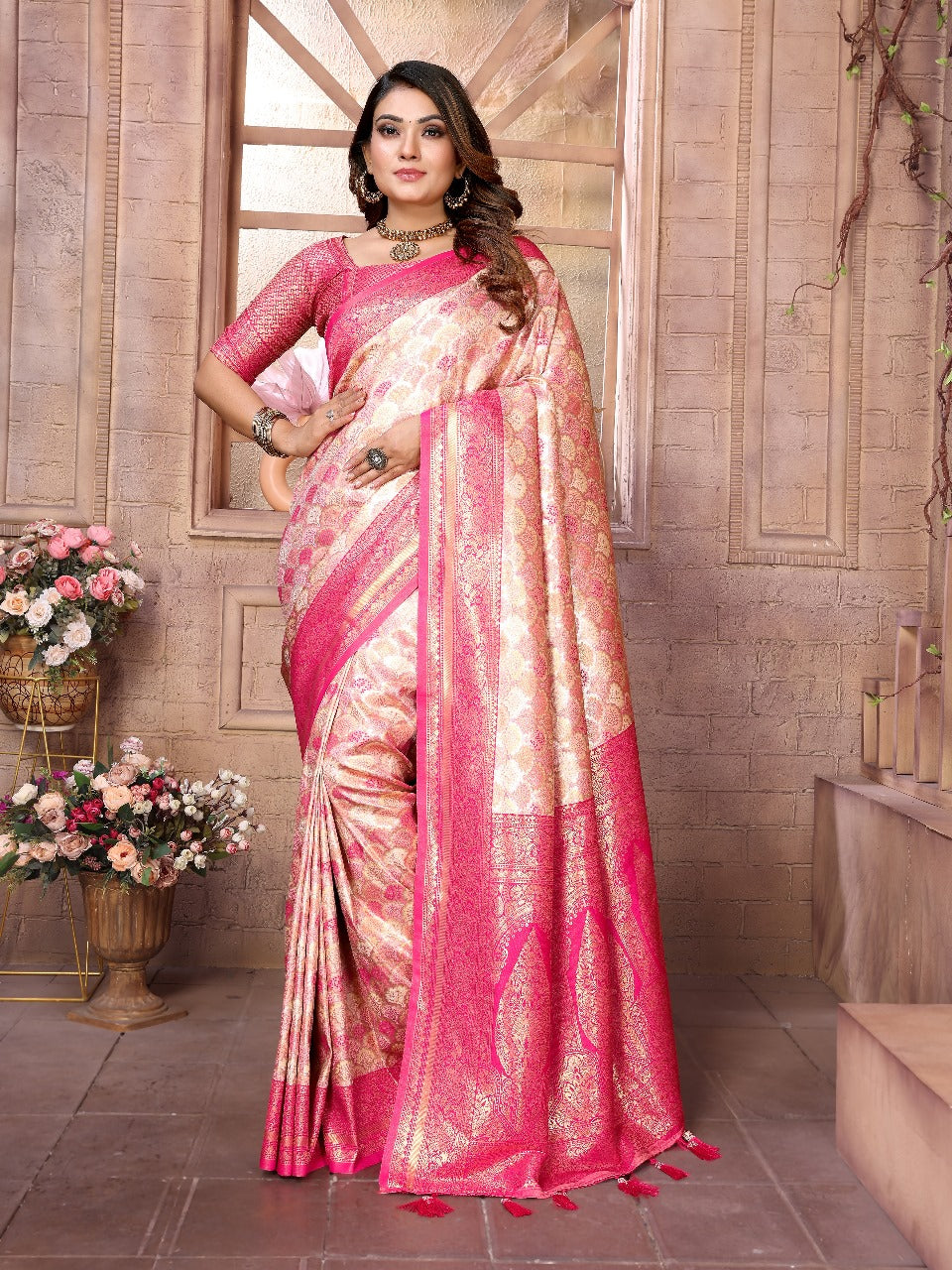 Beautiful Festival Wear Pink And Cream Color Zari Weaving Border And Weaving Rich Pallu Banarasi Chaturi Silk Saree