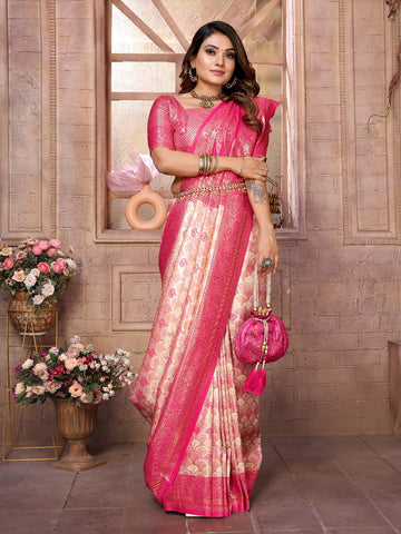 Beautiful Festival Wear Pink And Cream Color Zari Weaving Border And Weaving Rich Pallu Banarasi Chaturi Silk Saree