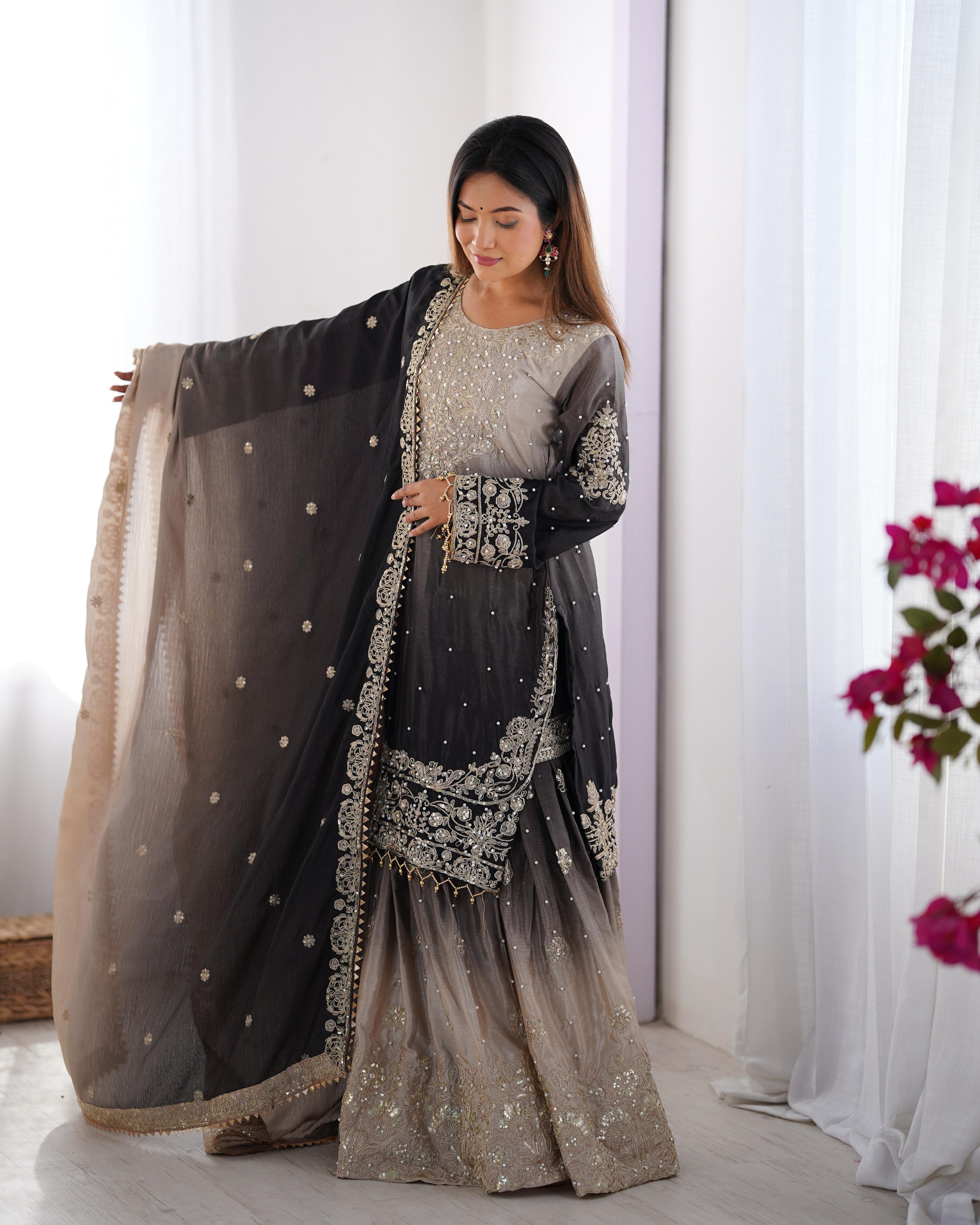 Wedding Wear Black And Grey Color Chinon Silk And Coding Dori With Sequence With Rivet Moti Beautiful Sharara Suit