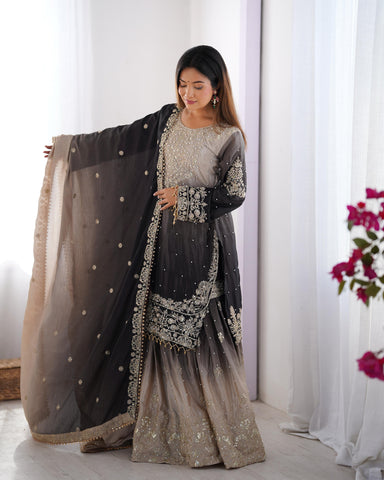 Wedding Wear Black And Grey Color Chinon Silk And Coding Dori With Sequence With Rivet Moti Beautiful Sharara Suit