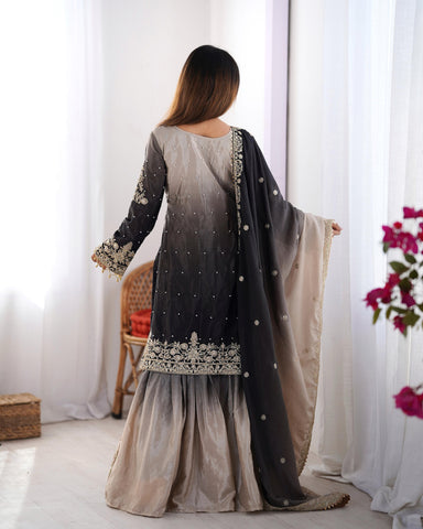 Wedding Wear Black And Grey Color Chinon Silk And Coding Dori With Sequence With Rivet Moti Beautiful Sharara Suit