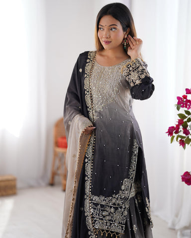 Wedding Wear Black And Grey Color Chinon Silk And Coding Dori With Sequence With Rivet Moti Beautiful Sharara Suit