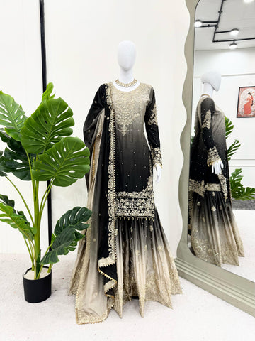 Wedding Wear Black And Grey Color Chinon Silk And Coding Dori With Sequence With Rivet Moti Beautiful Sharara Suit