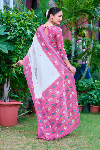 Fantastic Pink And White Color Color Pure Cotton Lilen With Digital Printed Designer Saree