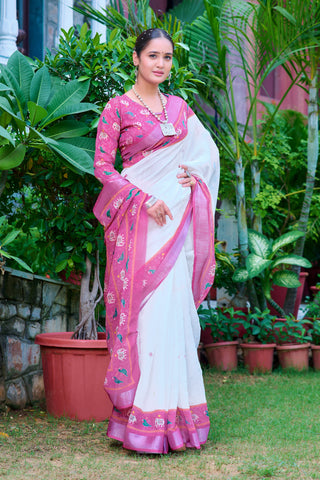 Fantastic Pink And White Color Color Pure Cotton Lilen With Digital Printed Designer Saree