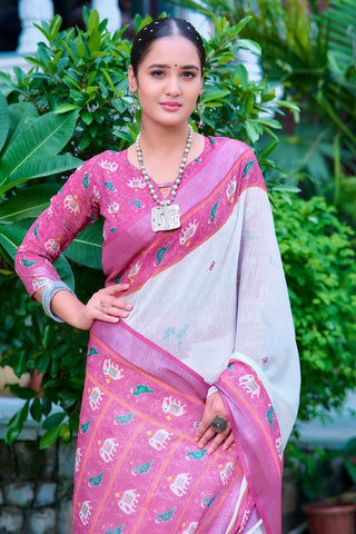 Fantastic Pink And White Color Color Pure Cotton Lilen With Digital Printed Designer Saree