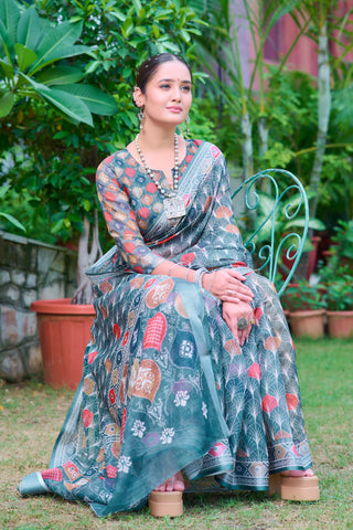 Fashionable Light Green Color Color Pure Cotton Lilen With Digital Printed Designer Saree