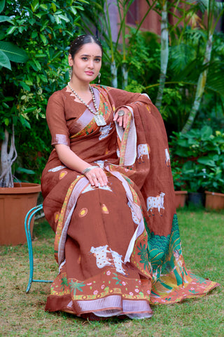 Fantastic Brown Color Color Pure Cotton Lilen With Digital Printed Designer Saree