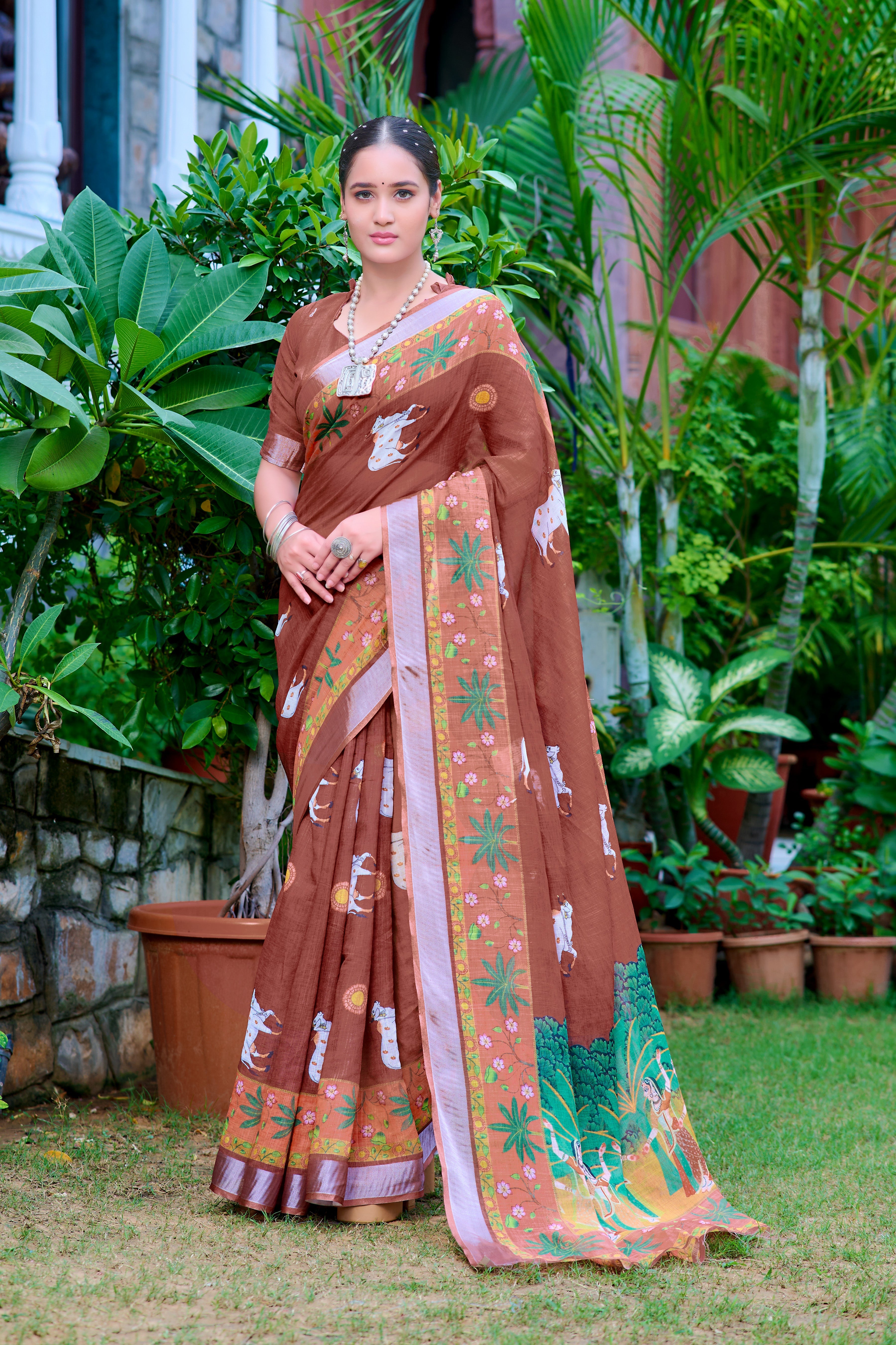 Fantastic Brown Color Color Pure Cotton Lilen With Digital Printed Designer Saree