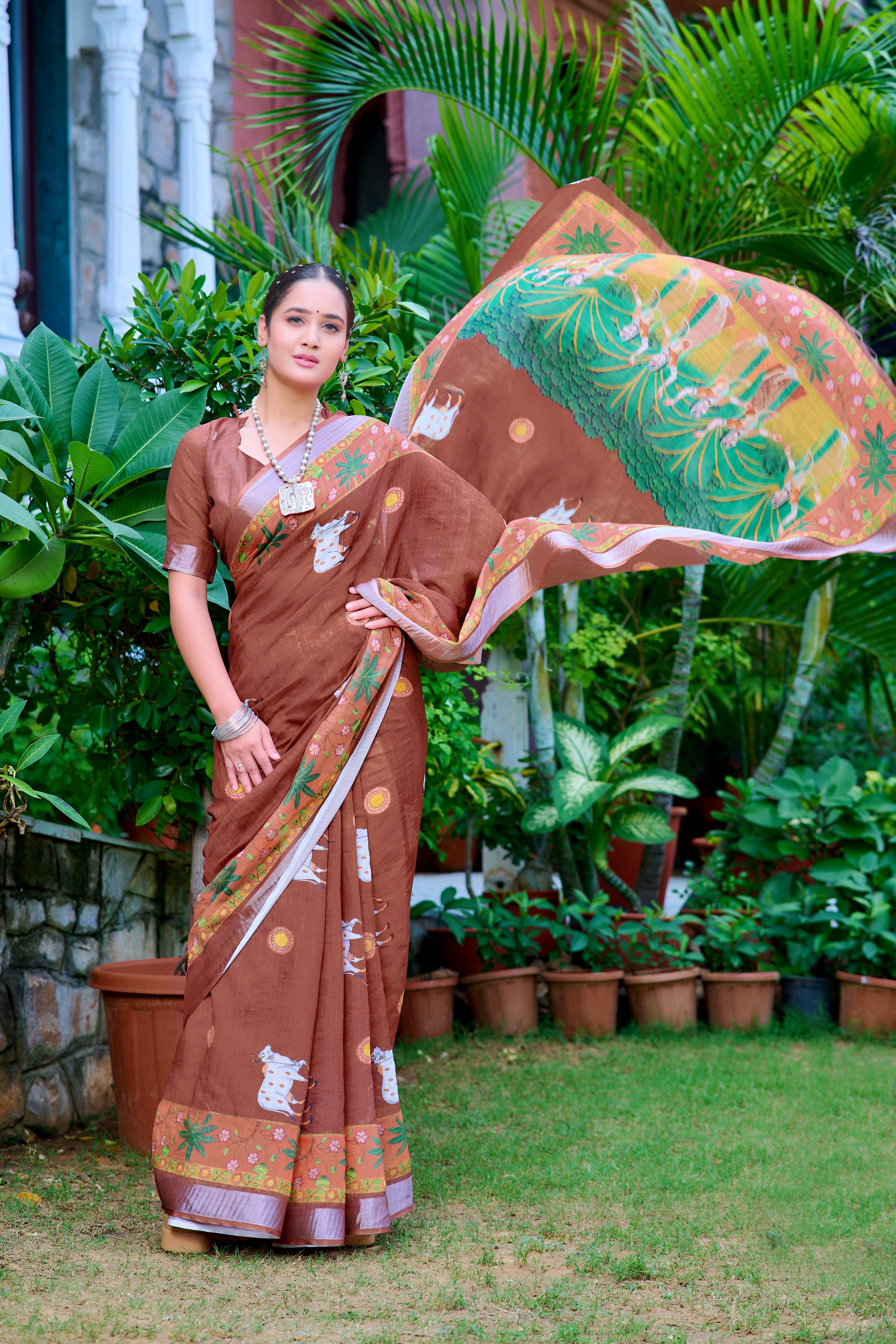 Fantastic Brown Color Color Pure Cotton Lilen With Digital Printed Designer Saree