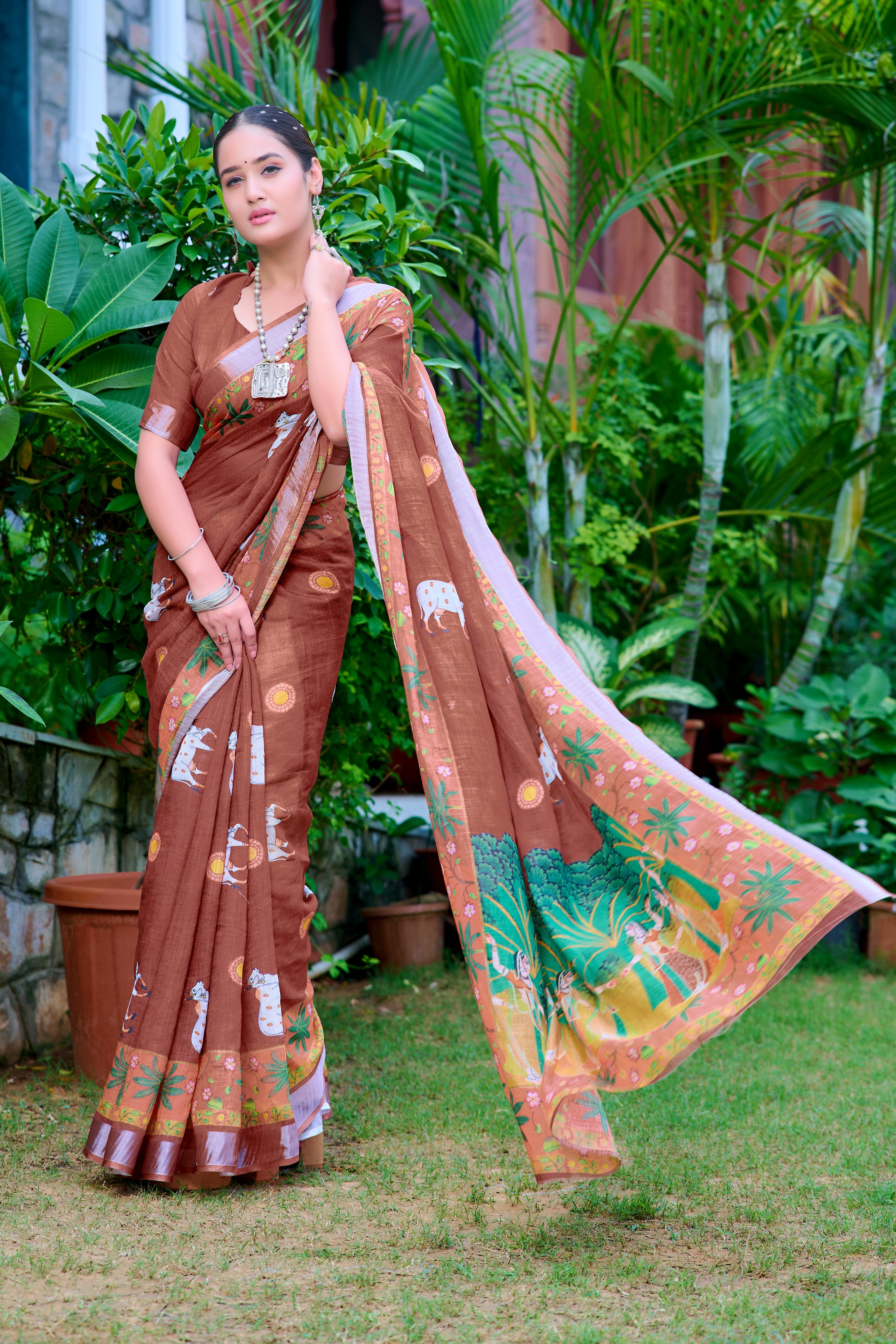 Fantastic Brown Color Color Pure Cotton Lilen With Digital Printed Designer Saree