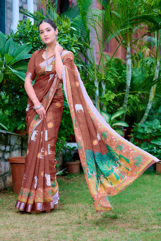 Fantastic Brown Color Color Pure Cotton Lilen With Digital Printed Designer Saree