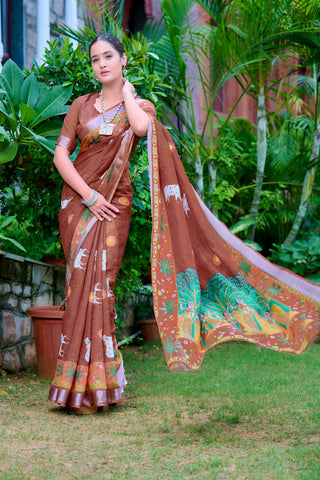 Fantastic Brown Color Color Pure Cotton Lilen With Digital Printed Designer Saree