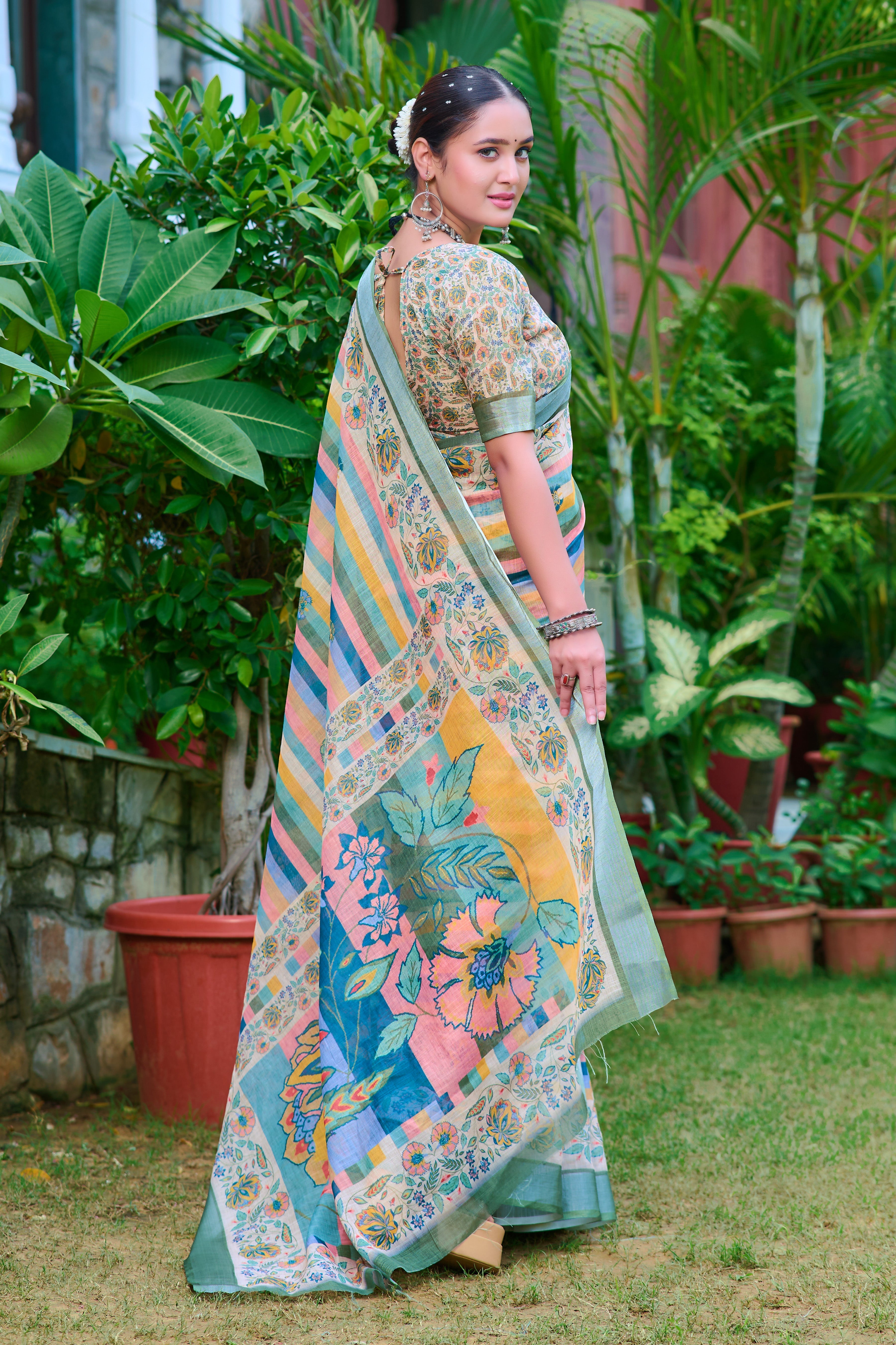 Fashionable Multi Color Color Pure Cotton Lilen With Digital Printed Designer Saree