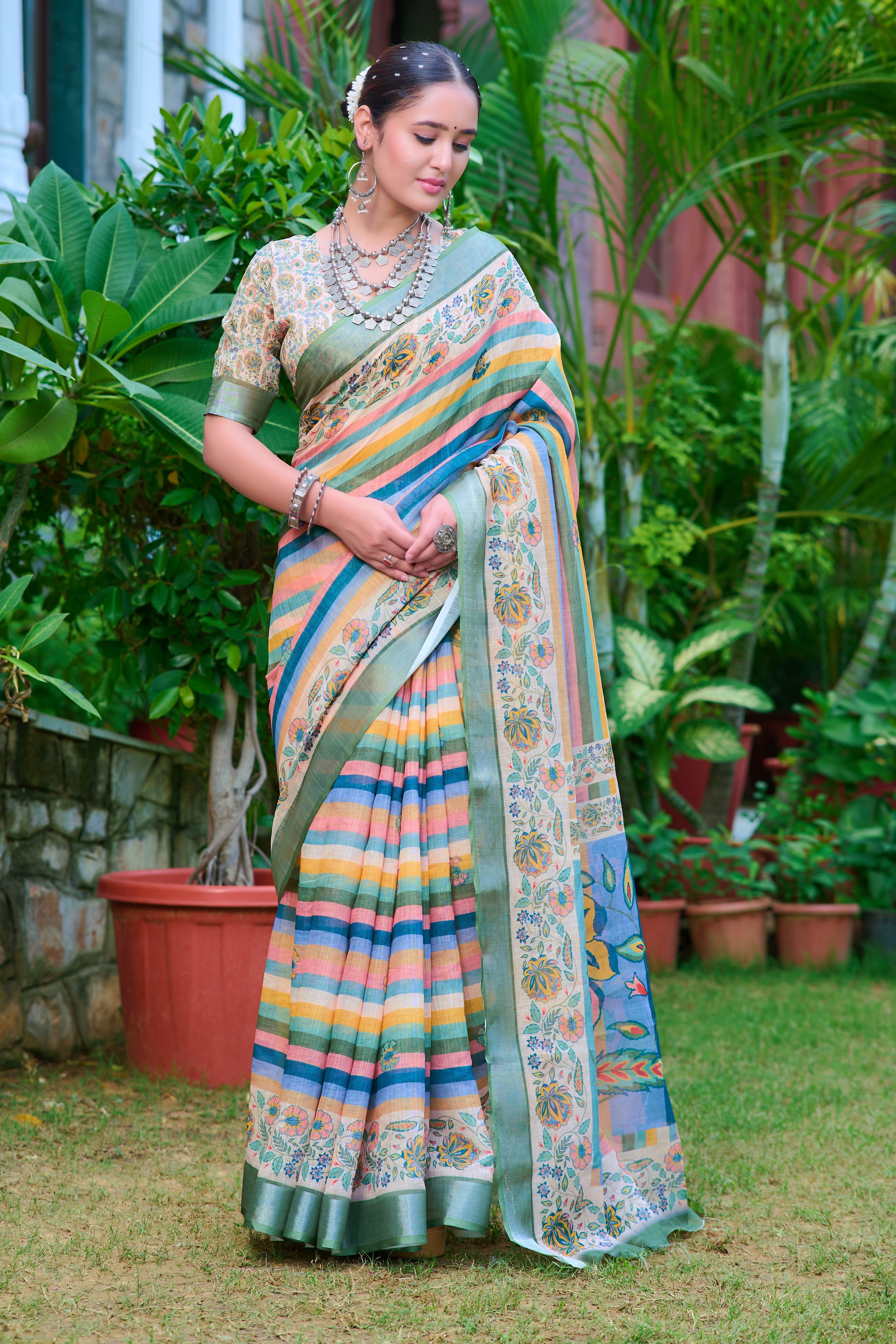 Fashionable Multi Color Color Pure Cotton Lilen With Digital Printed Designer Saree