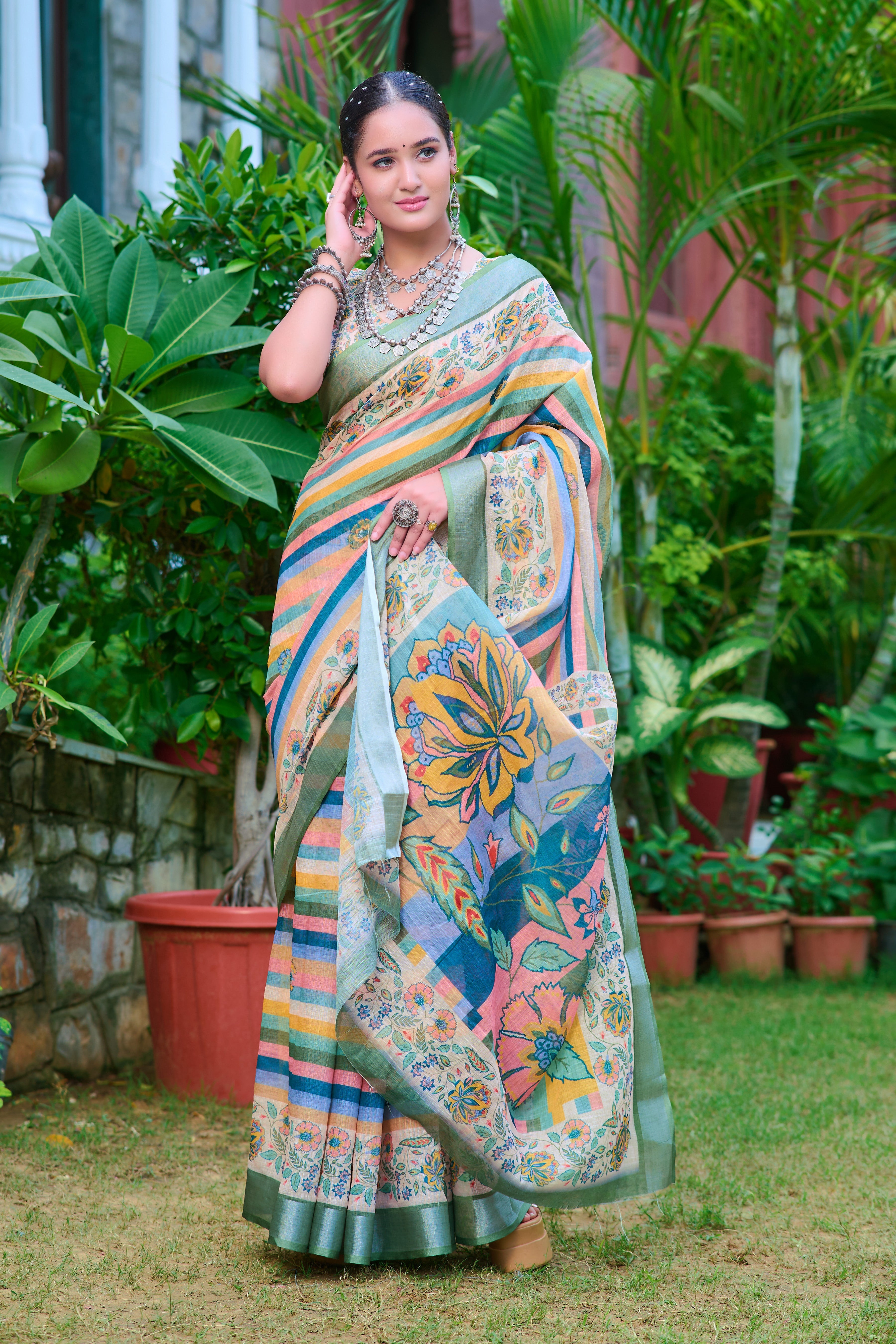 Fashionable Multi Color Color Pure Cotton Lilen With Digital Printed Designer Saree