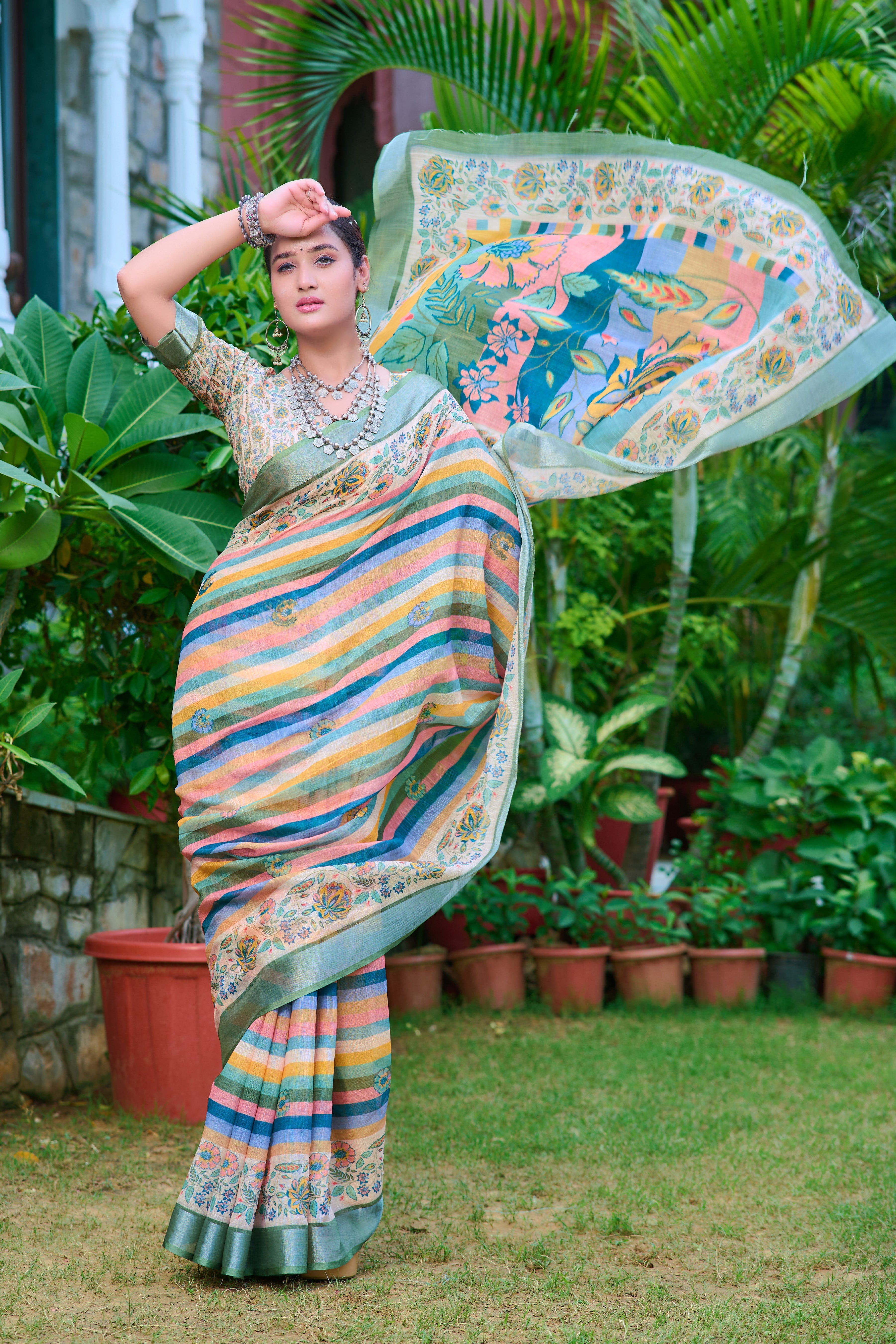 Fashionable Multi Color Color Pure Cotton Lilen With Digital Printed Designer Saree