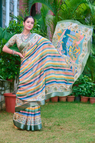 Fashionable Multi Color Color Pure Cotton Lilen With Digital Printed Designer Saree