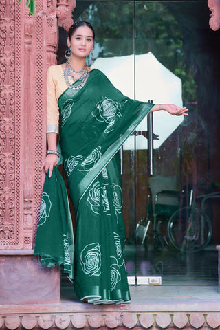 Superhit Green Color Color Pure Cotton Lilen With Digital Printed Designer Saree