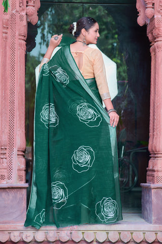 Superhit Green Color Color Pure Cotton Lilen With Digital Printed Designer Saree