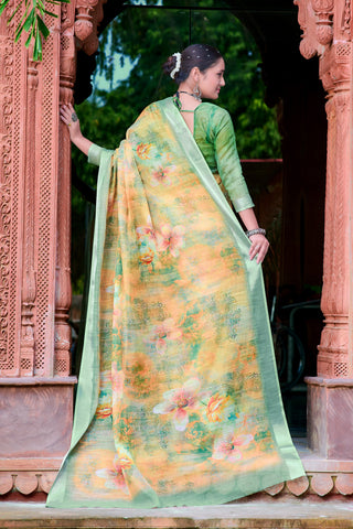 Preferable Yellow Color Color Pure Cotton Lilen With Digital Printed Designer Saree