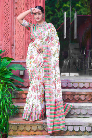 Unique Cream Color Color Pure Cotton Lilen With Digital Printed Designer Saree