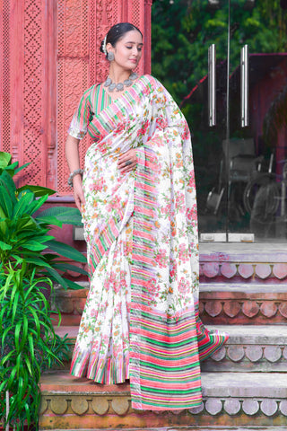 Unique Cream Color Color Pure Cotton Lilen With Digital Printed Designer Saree