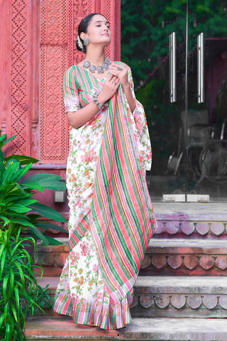 Unique Cream Color Color Pure Cotton Lilen With Digital Printed Designer Saree